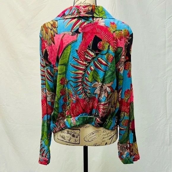 Rachel Rachel Roy Tropical Floral Leaf Bird Print Wrap Top Long Sleeve Large - Picture 9 of 12